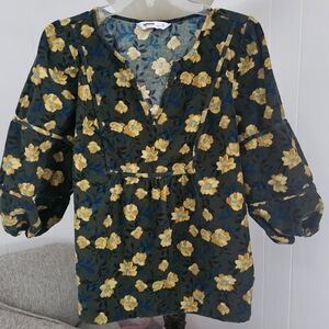 Anthropologie Green and Yellow Floral Blouse